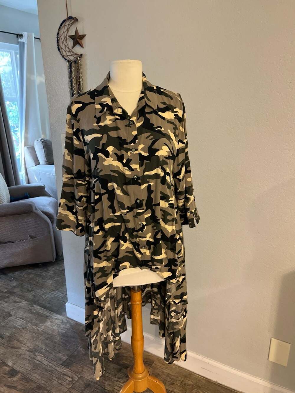 P. Luca Milano Camouflage High-Low Button-Up Duster Tunic